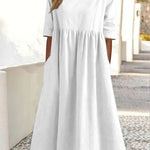 Cotton And Linen Casual Short Sleeve Pocket Pleated Loose Round Neck Dress