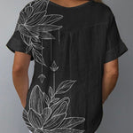 Line Drawing Water Lily Art Printed Women's Casual Cotton And Linen Shirt