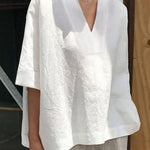 Women's V-neck Cotton And Linen Solid Colour Loose Mid-Sleeve Shirt