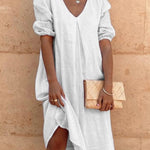Cotton And Linen Solid Color Long Sleeve Casual Midi Dress