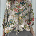 Women's Vintage Floral Bird Art Print Hooded Drawstring Linen Casual Blouse