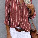 Women‘s Long Sleeve Blouse Ladies Fashion V-Neck Stripe Shirt