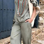 Women's Solid Color Loose Elegant Casual V-neck Mid-sleeve Suit