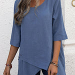 Cotton and linen crewneck irregular shirt top