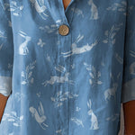 Spring Woodland Rabbit Repeat Pattern Printed Women's Casual Cotton Linen Shirt