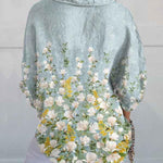 Women's White and Yellow Small Floral Print On Blue Background Casual Linen V-neck Shirt
