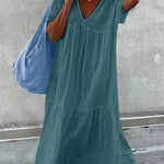 Women's V-Neck Short Sleeve Cotton And Linen Midi Dress