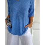 Women's Solid Color Knitted 3/4 Sleeve V-neck Top