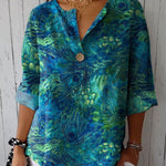 Women's Peacock Feather Print Casual Cotton Linen Shirt