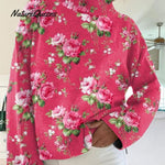 Women's Artistic Flower Pattern Cotton and Linen Short Sleeve Top