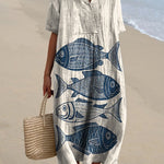 Women's Scandinavian Style Fish Art Modern Vintage Fish Art Vintage Print Flowy Dress