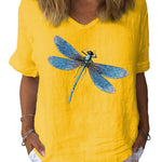 Women's Dragonfly Art Print Cotton & Linen  Casual Top