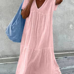 Women's V-Neck Short Sleeve Cotton And Linen Midi Dress