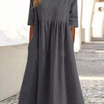 5-quarter Sleeve Casual Loose Solid Color Cotton and Linen Dress