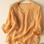 Embroidery Cotton And Linen Mid Sleeve Blouse