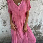 Stylish Cotton and Linen V-neck Dress