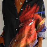 Oil Painting Rooster Art Printed Women's Casual Cotton Shirt