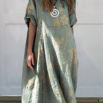 Women's Retro Floral Print Linen Cotton Buttons Dress