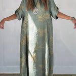 Women's Retro Floral Print Linen Cotton Buttons Dress