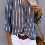 Women‘s Long Sleeve Blouse Ladies Fashion V-Neck Stripe Shirt