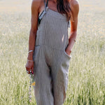 Women's Casual Cotton And Linen Stripe Pattern Printed Jumpsuit