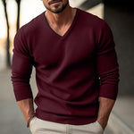 Men's solid color V-neck long-sleeved knitted pullover sweater