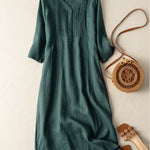 Cotton And Linen V-Neck Pleated Loose Dress