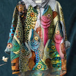 Vintage Funny Fish Art Print Casual Cotton And Linen Shirt