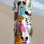 Women's Minimalist Colorful Cartoon Puppy Print Flowy Dress