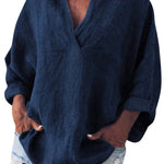 Women's Cotton and Linen V-neck Long-sleeved Pullover Top