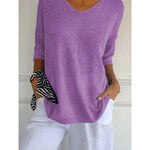 Women's Solid Color Knitted 3/4 Sleeve V-neck Top
