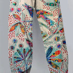 Women's Vintage Lovely Floral Bird Art Printed Cotton And Linen Casual Pants