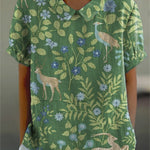 Women's Vintage Floral Animals Art Print Casual Cotton And Linen Shirt