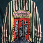 Men's V-neck Women's Green Striped Sardines Vintage Print Long Sleeve Sweater