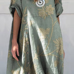 Women's Retro Floral Print Linen Cotton Buttons Dress