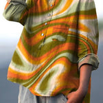 Hippie Style Swirl Pattern Printed Women's Casual Cotton And Linen Shirt