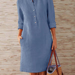 Spring Cotton And Linen Round Neck Long Sleeve Dress