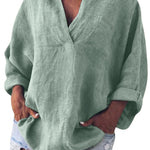 Women's Cotton and Linen V-neck Long-sleeved Pullover Top