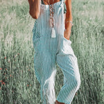 Women's Casual Cotton And Linen Stripe Pattern Printed Jumpsuit