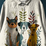 Puppy Dog In Botanical Garden Graphic Printed Women's Casual Cotton And Linen Shirt