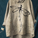 Let It Be Dragonfly Art Pattern Print Casual Cotton And Linen Shirt