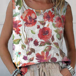 Watercolor Poppy Floral Art Printed Women's Casual  Cotton And Linen Tank Top