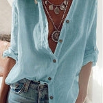 Women's Solid Color Loose Elegant V-neck Long-sleeved Cotton Shirt