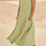 Women Sleeveless Sundress Elegant Round Neck Cotton Linen Solid Long Tank Casual Summer Dress