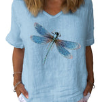 Women's Dragonfly Art Print Cotton & Linen  Casual Top