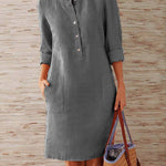 Spring Cotton And Linen Round Neck Long Sleeve Dress