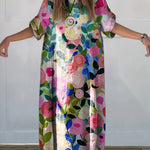 Colorful Spring Floral Garden Printed Women's Linen Cotton Buttons Dress