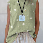 Simple Daisy Field Pattern Printed Women's Casual  Cotton And Linen Tank Top