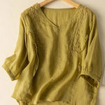 Embroidery Cotton And Linen Mid Sleeve Blouse