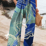 Women's Hand Painted Dark Blue Ocean Art Print Casual Cotton Shirt